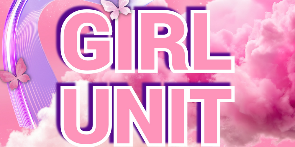 Texten 'GIRL UNIT' i stora bokstäver mot en rosa bakgrund med moln, fjärilar och neonliknande linjer.