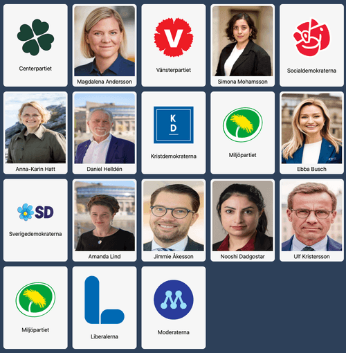 Bild med logotyper och namn på svenska partier och partiledare ordnade i ett rutnät.
