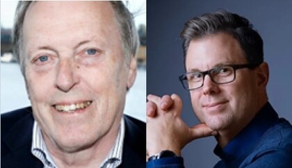 Två personer sitter bredvid varandra, en utomhus och en inomhus, båda i halvporträtt.