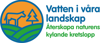 Logotyp med en stiliserad häst, träd och fält samt texten 'Vatten i våra landskap. Återskapa naturens kylande kretslopp'.