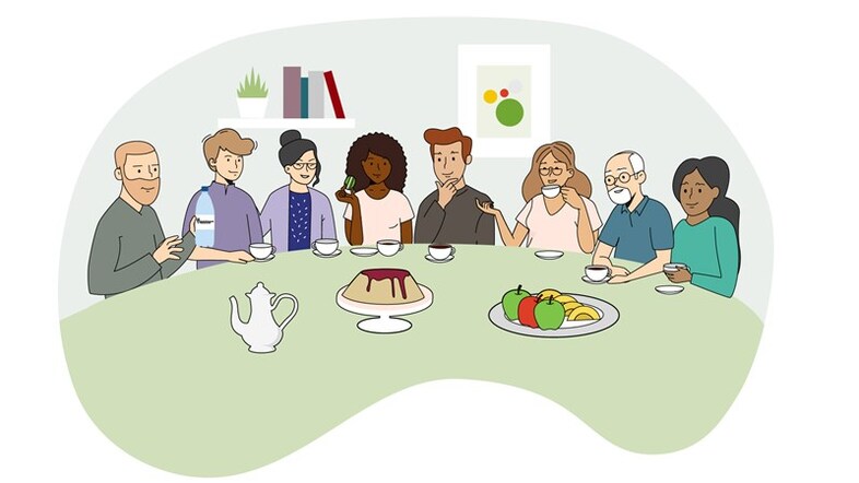 Åtta personer sitter vid ett bord och fikar.