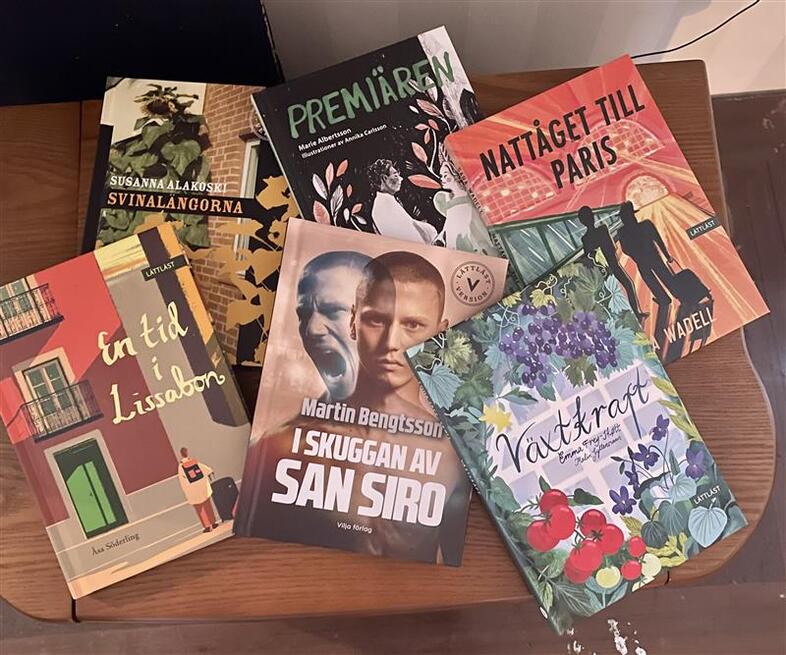 Sex färgglada böcker på svenska ligger utspridda på ett träbord.