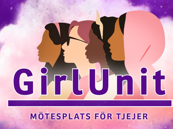 Illustration av fyra tjejer i profil mot en lila och rosa rymdbakgrund med texten 'GirlUnit – Mötesplats för tjejer'.