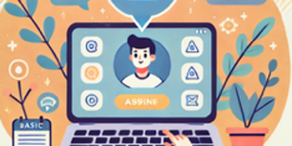 Illustration av en dator med chatbot och användare, omgiven av växter och ikoner för frågor och svar.