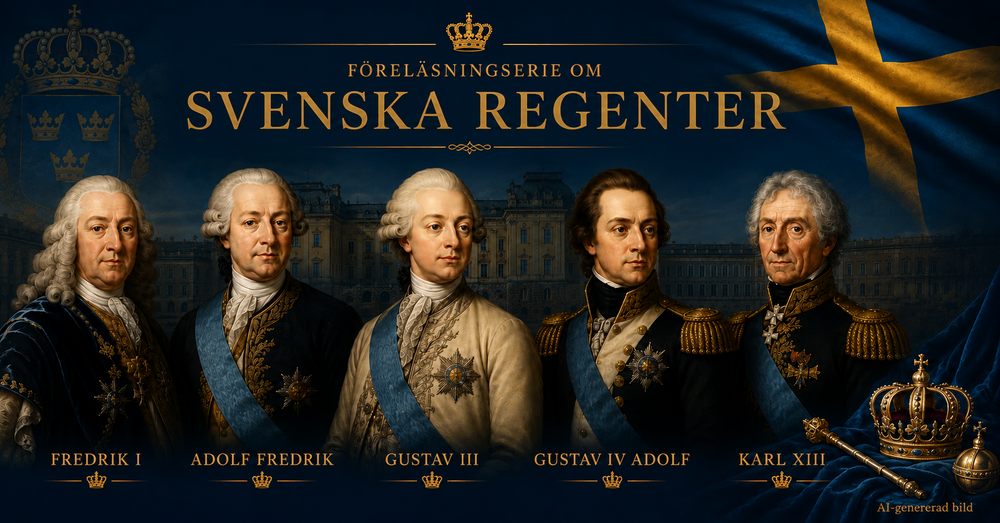 Porträtt av fem svenska kungar i historiska kläder framför ett slott och svensk flagga.