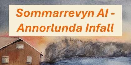 Affisch för sommarrevy i Slussen/Orust med information om premiär och biljettköp, akvarellmotiv av hus och människor vid vattnet.