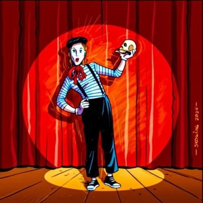En tecknad mimare står på en teaterscen med en dödskalle i handen, röda gardiner i bakgrunden.