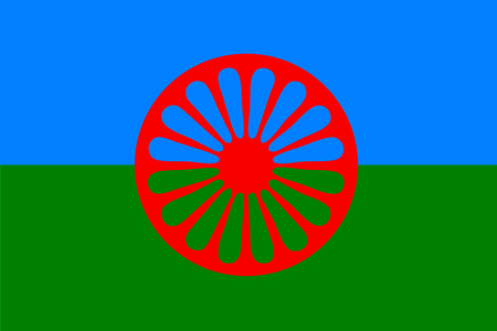 Flagga med blått upptill, grönt nedtill och ett rött hjul i mitten.