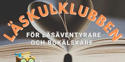 Illustration av en bok med sidor formade som ett hjärta, text om Läskulklubben och en tecknad bokfigur med glasögon.