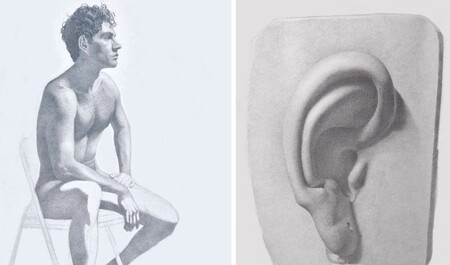 Två blyertsteckningar: en av en sittande naken man på stol, en av ett mänskligt öra på en platta.
