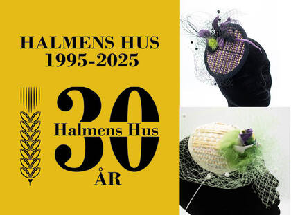 Jubileumsaffisch för Halmens Hus 30 år med två dekorerade hattar på svart bakgrund.