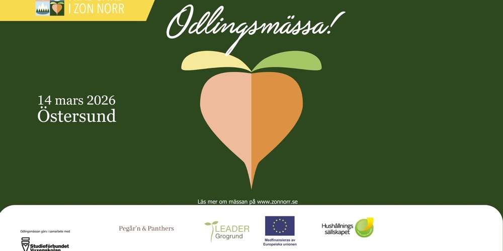 Affisch för odlingsmässa i Östersund 14 mars 2026 med illustration av rotfrukt och gröna blad.