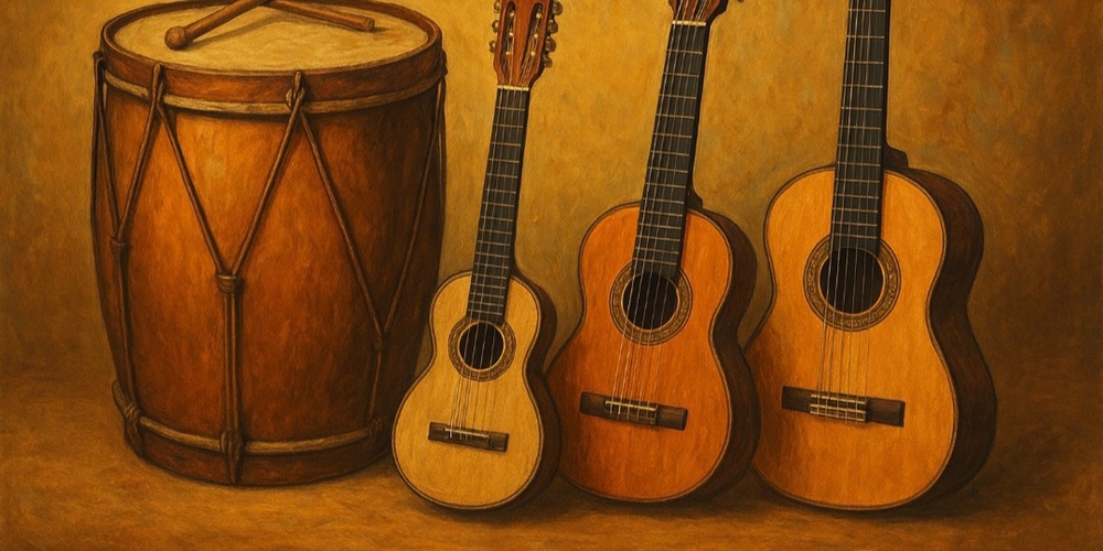 Ett stilleben med en stor trumma och tre akustiska gitarrer mot en brun bakgrund.