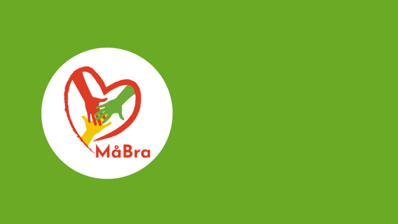 Logotyp med tre färgade händer i ett hjärta och texten 'MåBra' på grön bakgrund.