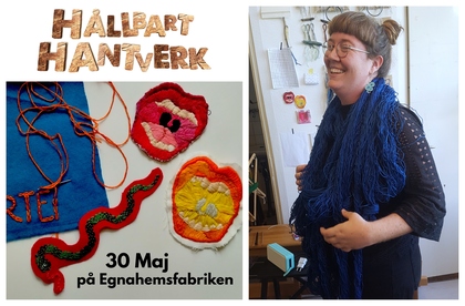 Collage med broderade motiv, text om hållbart hantverk och person med blått garn i en ateljé.