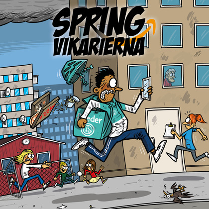 Tecknad bild av en stressad matbud som springer med en leveransväska, jagad av barn och vuxna på en stadsgata.