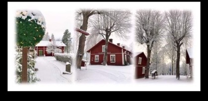 Tre vinterbilder med röda trähus, snöklädda träd och vit mark i lantlig miljö.