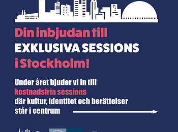Inbjudan till kostnadsfria kultursessioner i Stockholm med fokus på kultur, identitet och berättelser. Illustration av stadssilhuett.