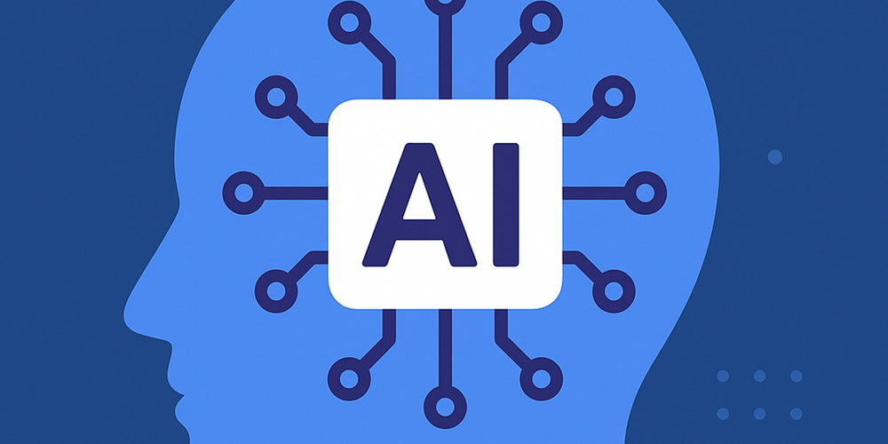Tecknad bild på en människa i genomskärning där det står AI  i mitten med banor som utgår från AI texten liknar hjärnans aktiviteter