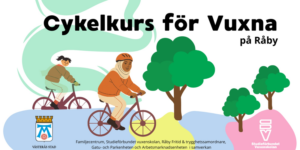 Illustration av två vuxna som cyklar i parkmiljö med texten 'Cykelkurs för vuxna på Råby'.