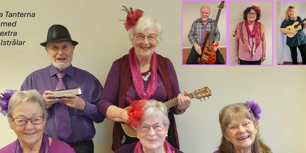 En grupp äldre personer spelar ukulele, gitarr och munspel, klädda i lila och rosa kläder.