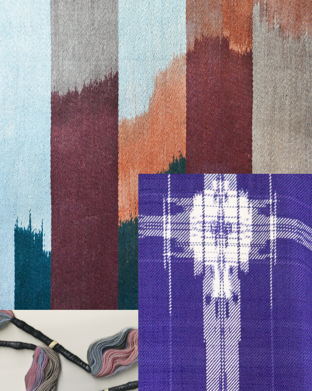 Färgglada tygprover med olika mönster och färgade garntrådar på en ljus bakgrund.