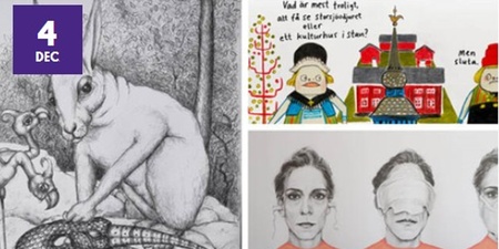 Fyra konstverk: en kanin med död fågel, tecknade figurer vid ett hus, och tre porträtt av kvinnor, en med ögonbindel.