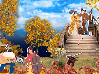 Illustration av höstlandskap med hus, får, musiker, bro, människor, staty och färgglada löv.