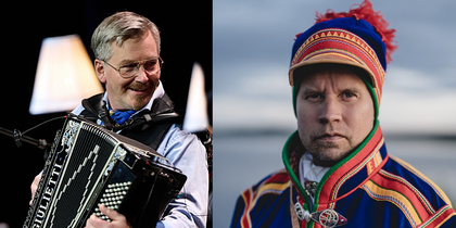 Två personer, en spelar dragspel på scen, den andra bär färgstark samisk dräkt utomhus.