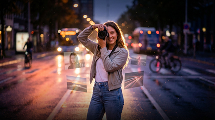 Person fotograferar på en stadsgata i skymning med bilder svävande runt sig.