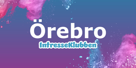 Texten 'Örebro IntresseKlubben' på en färgglad bakgrund med blå, rosa och lila färgpulver.
