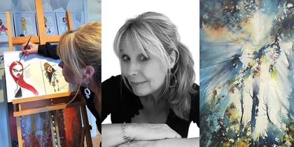 Tre bilder: en kvinna målar vid ett staffli, ett svartvitt porträtt och en akvarellmålning av ett skogslandskap.