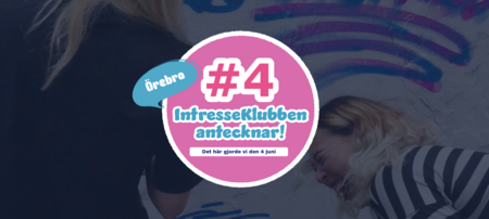 Två personer målar graffiti på en vägg. Stor cirkel med text om IntresseKlubben Örebro och datum 4 juni.