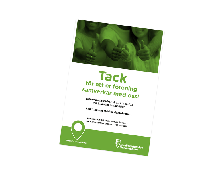 Affisch med texten 'Tack för att er förening samverkar med oss!' och grönt tema, överst syns personer som gör tummen upp.