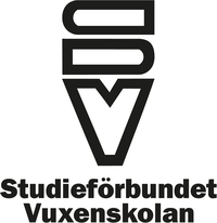 Logotyp för Studieförbundet Vuxenskolan med stiliserade bokstäver SV ovanför texten.