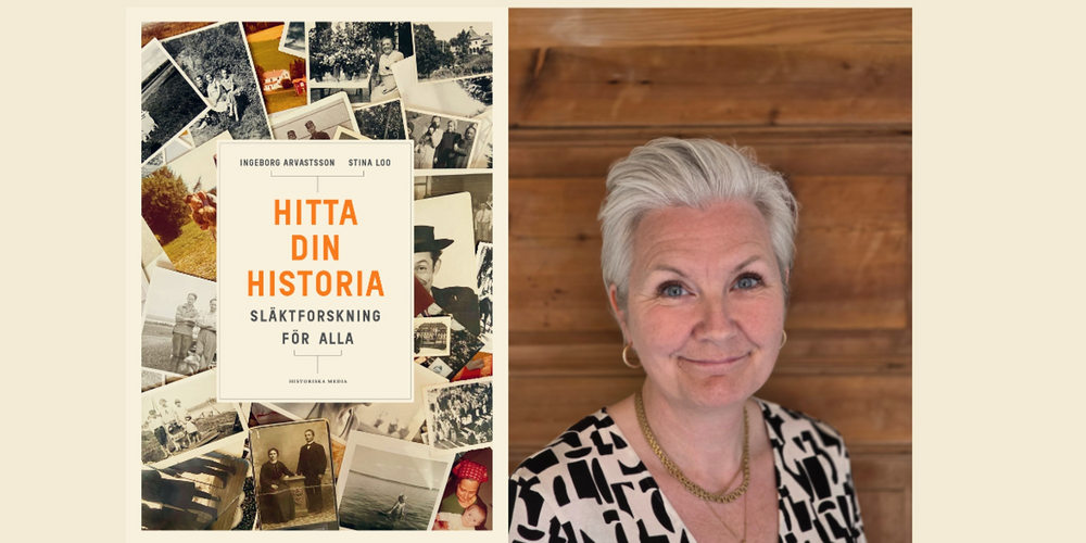 Bokomslag till 'Hitta din historia: släktforskning för alla' och en person med kort grått hår mot trävägg.