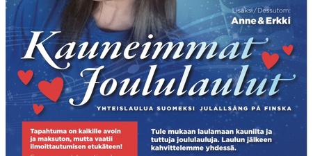 Affisch för finsk julallsång i Göteborg med information om tid, plats och kontaktuppgifter.