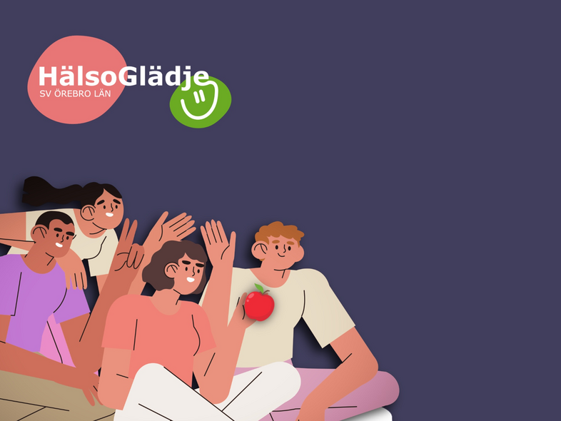 Illustration av fyra personer som sitter tillsammans på golvet, en håller ett äpple. Texten 'HälsoGlädje SV Örebro Län' syns.