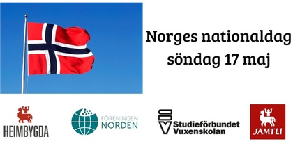 Norska flaggan vajar mot blå himmel, text om Norges nationaldag 17 maj och logotyper längst ner.