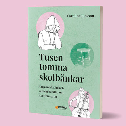 Bokomslag till 'Tusen tomma skolbänkar' av Caroline Jonsson med illustrationer av ungdomar och skolbänk.