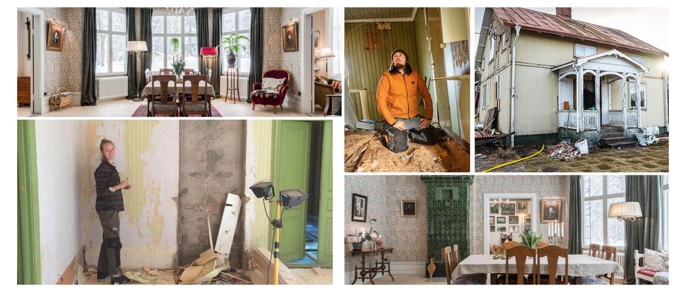 Collage med bilder från renovering och inredning av ett äldre hus, både utvändigt och invändigt.