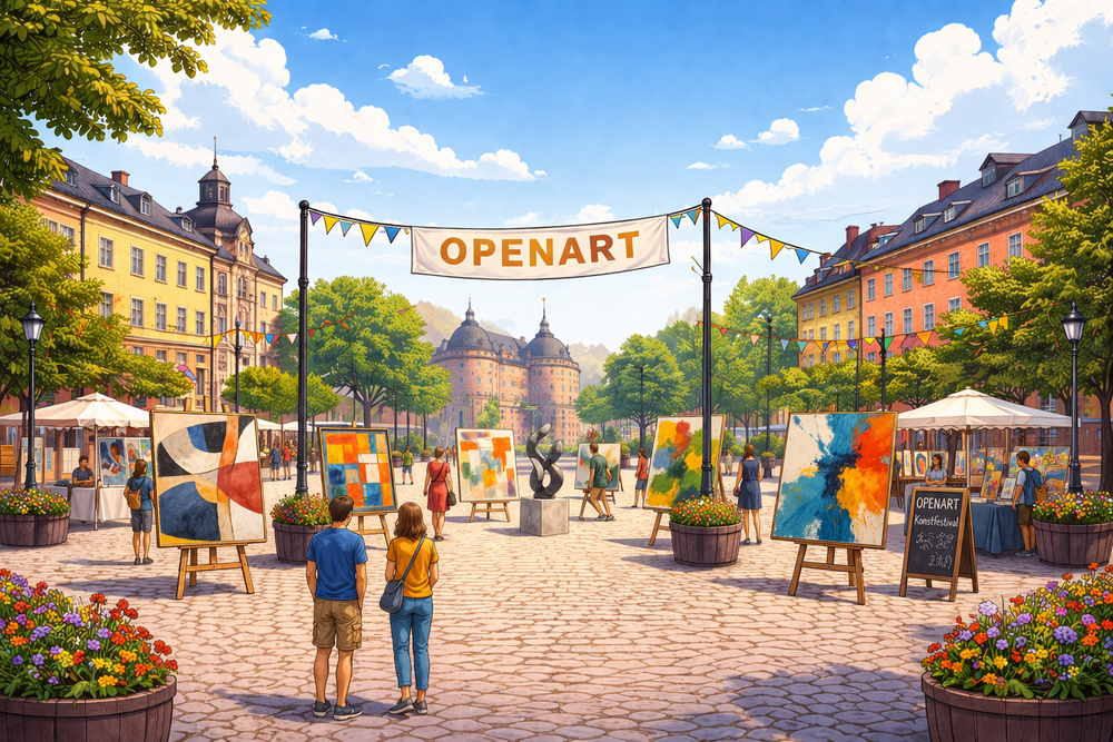Utomhus konstfestival på ett torg med färgglada tavlor, människor och gamla byggnader i bakgrunden.