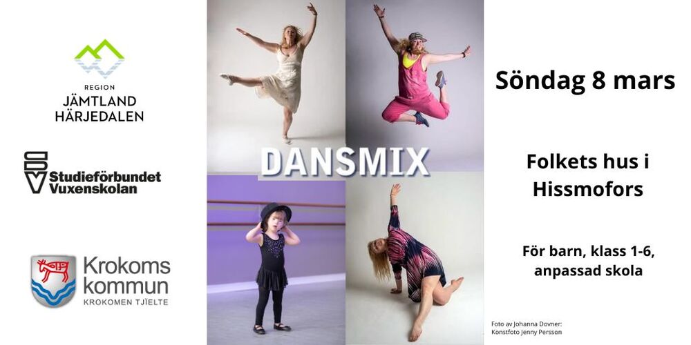 Affisch för dansmix-event med dansande personer och information om tid, plats och arrangörer.