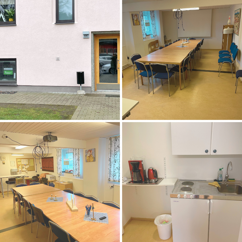 Fyra bilder visar en entré till en byggnad, två mötesrum med bord och stolar samt ett litet kök med kaffebryggare.