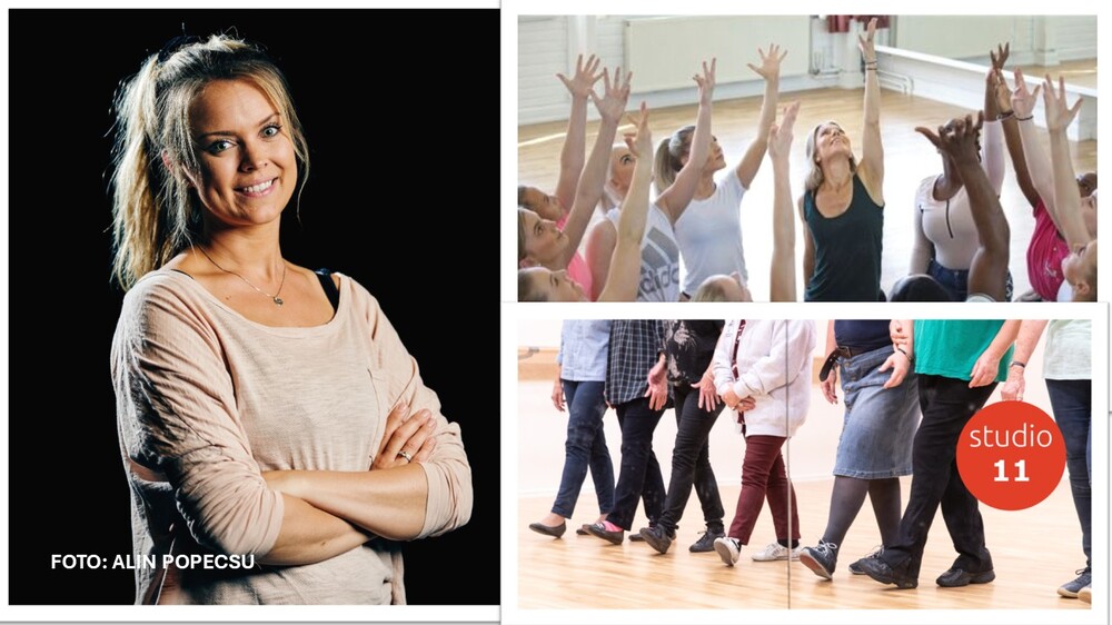 Person med armar i kors, dansgrupp med uppsträckta armar och personer som står i studio.