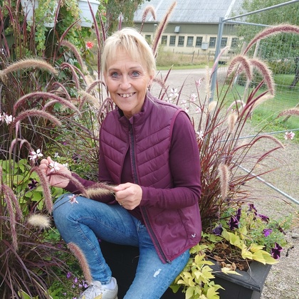 Person sitter på en blomlåda utomhus omgiven av prydnadsgräs och blommor.