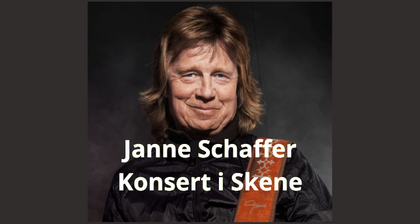 Person med gitarrrem, texten 'Janne Schaffer Konsert i Skene' över bilden, ansiktet är suddat.