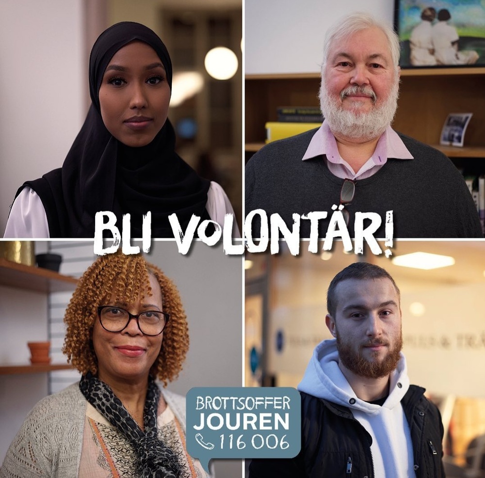 Fyra personer av olika bakgrund i porträtt, med texten 'Bli volontär!' och kontaktuppgifter till Brottsofferjouren.