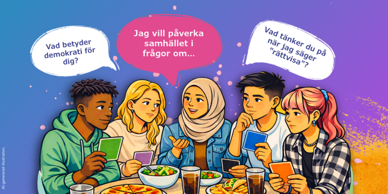 Illustration av fem ungdomar som sitter runt ett bord med mat och diskuterar frågor om demokrati och rättvisa. Illustrationen är ai-genererad.