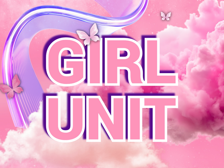 Texten 'GIRL UNIT' i stora bokstäver mot en rosa bakgrund med moln, fjärilar och neonliknande linjer.